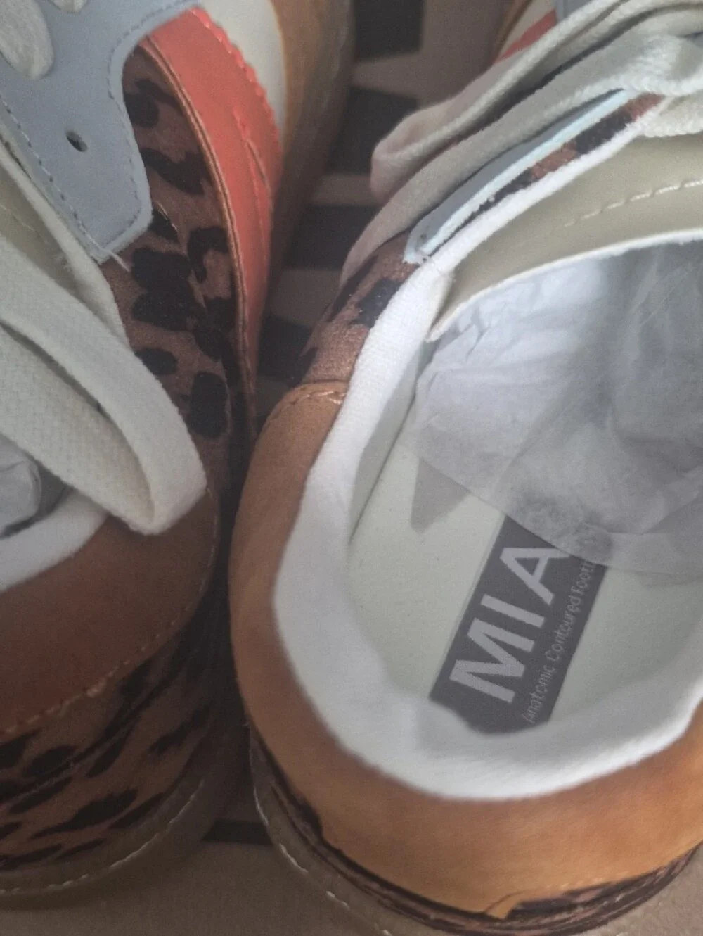 MIA White Tan Leopard Accent Sneakers with Orange Stripe